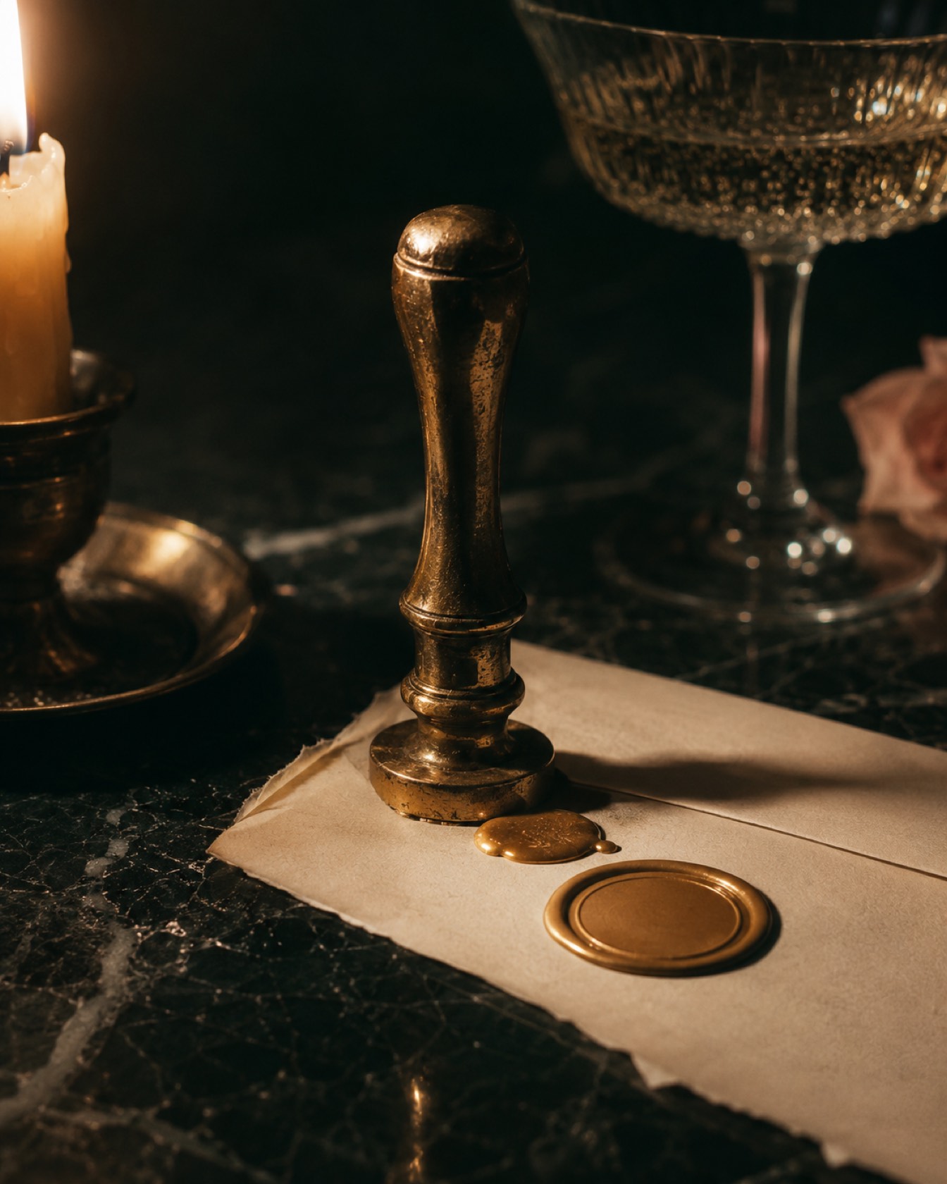Lacre de cera dourado e carimbo sobre um envelope, à luz de vela